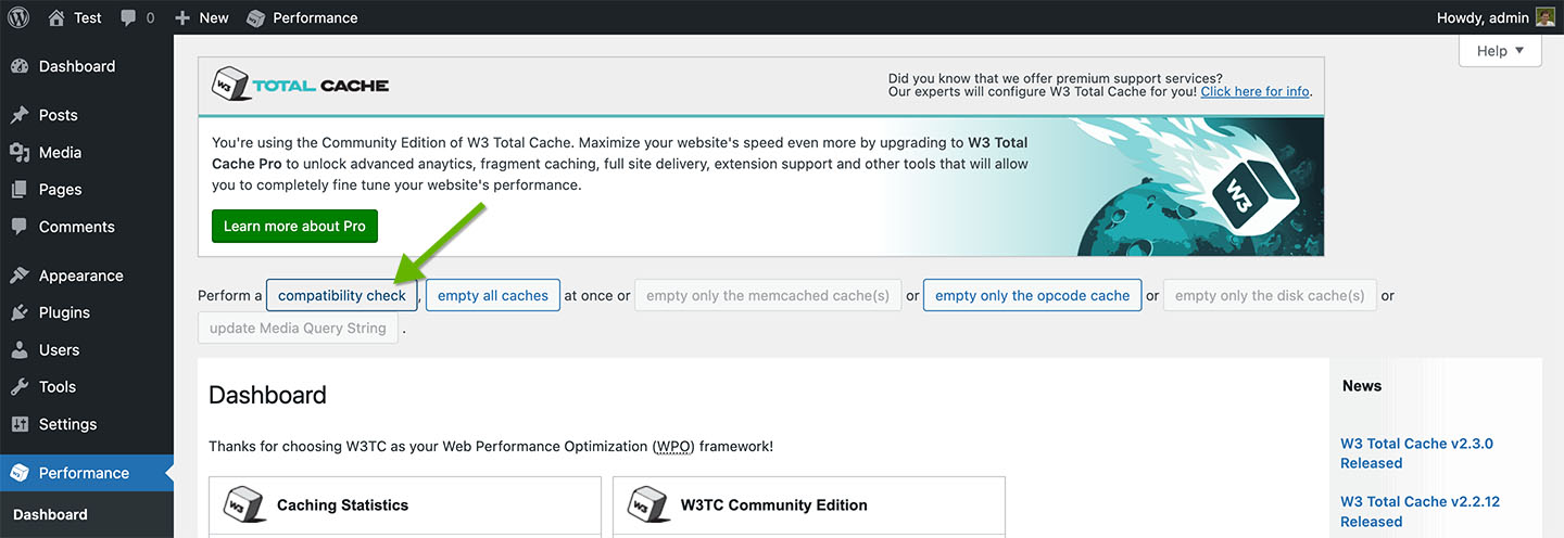 W3 Total Cache screenshot showing the 'compatibility check' button